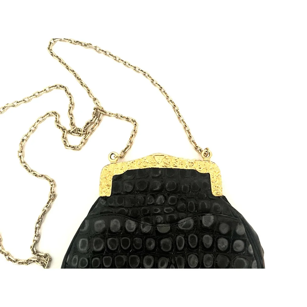 GLEN MILLER FOR ANN TURK EVENING HANDBAG BLACK EMBOSSED LEATHER, EC